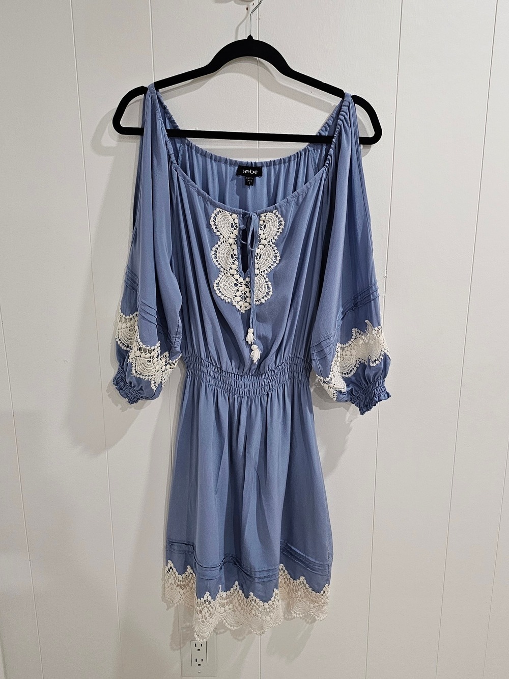 Bebe Cottagecore Lace Trim Cold Shoulder Dress Fairycore Boho Off Shoulder Blue - Picture 2 of 16